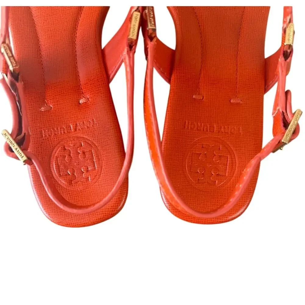 Tory Burch Robinson Demi‎ Wedge Orange T-Strap Sandals 8